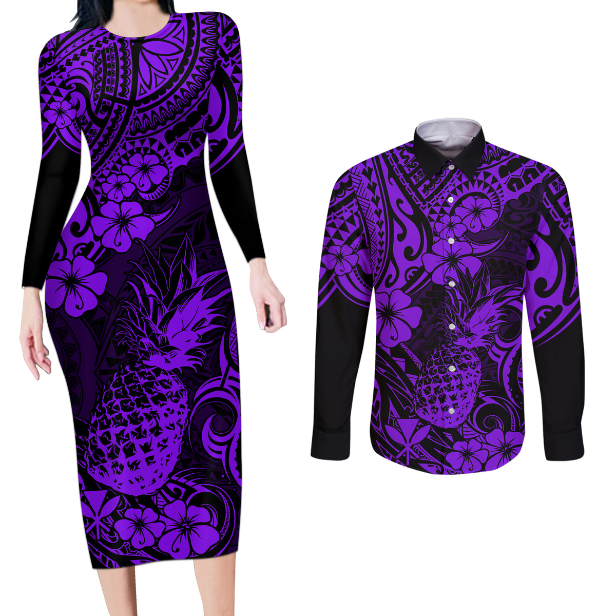 Hawaii Pineapple Couples Matching Long Sleeve Bodycon Dress and Long Sleeve Button Shirts Polynesian Pattern Purple Version - Wonder Print Shop