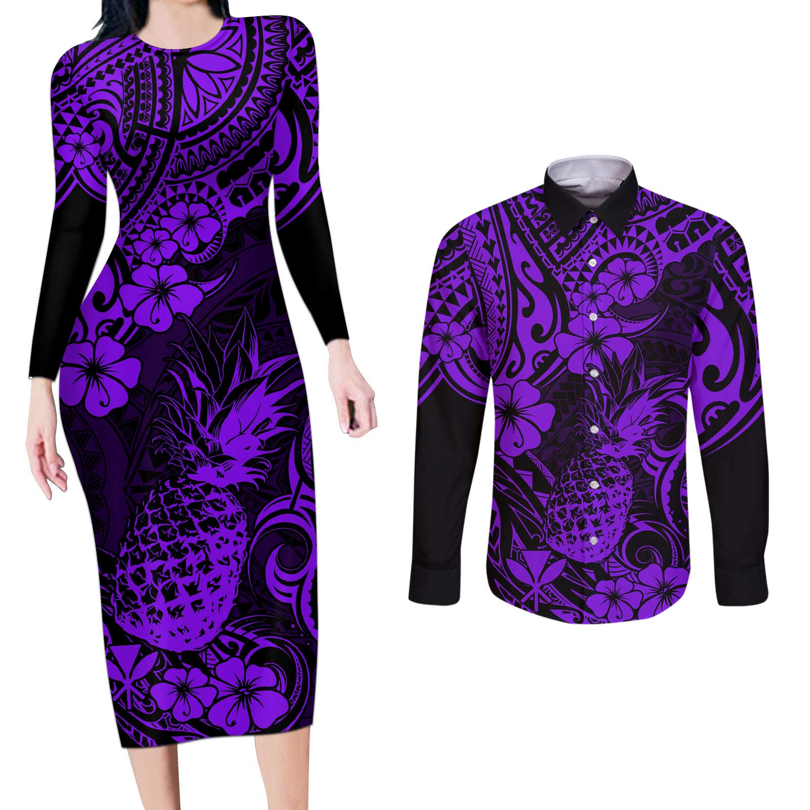 Hawaii Pineapple Couples Matching Long Sleeve Bodycon Dress and Long Sleeve Button Shirts Polynesian Pattern Purple Version - Wonder Print Shop