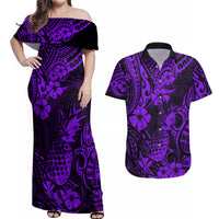 Hawaii Pineapple Couples Matching Off Shoulder Maxi Dress and Hawaiian Shirt Polynesian Pattern Purple Version - Wonder Print Shop