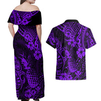 Hawaii Pineapple Couples Matching Off Shoulder Maxi Dress and Hawaiian Shirt Polynesian Pattern Purple Version - Wonder Print Shop