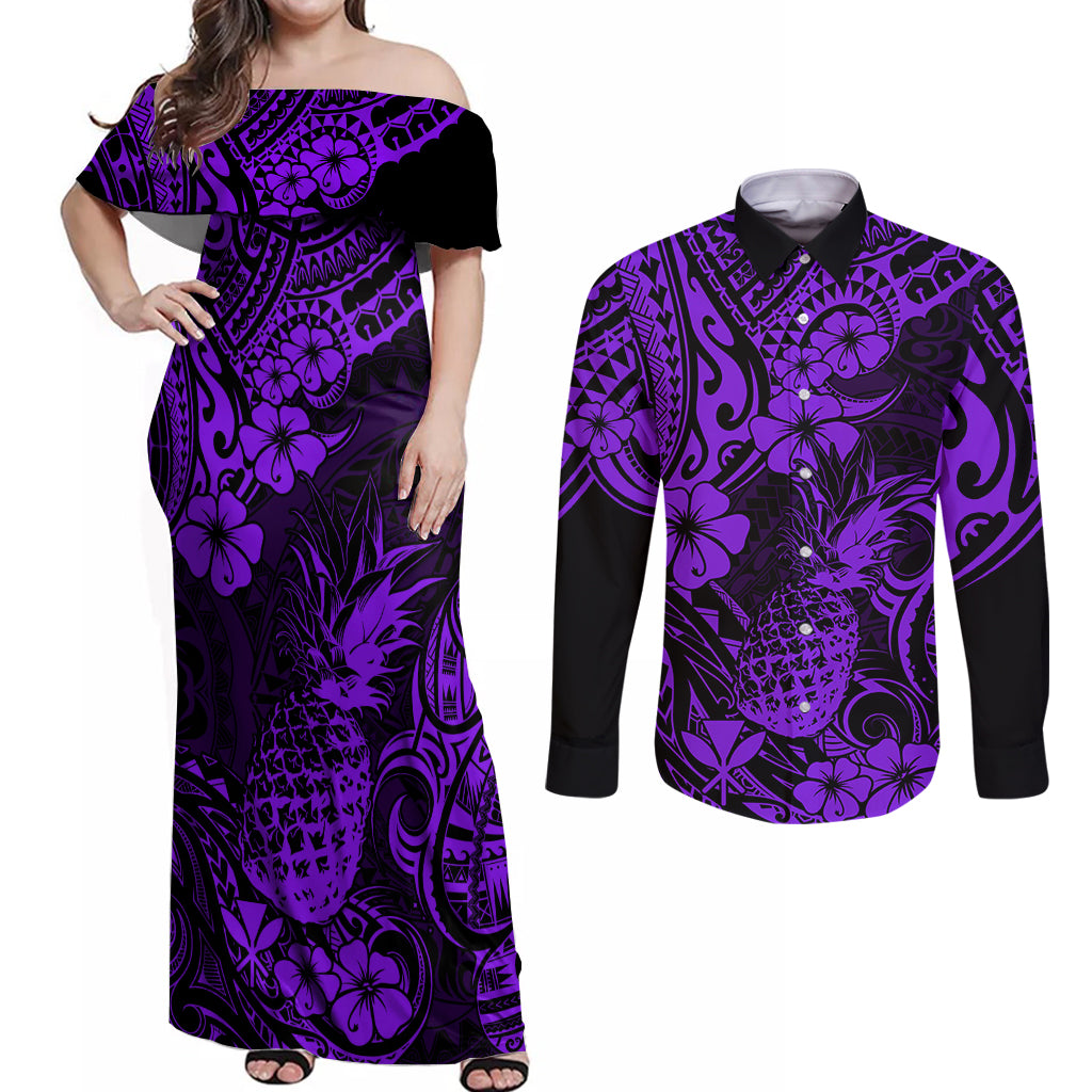Hawaii Pineapple Couples Matching Off Shoulder Maxi Dress and Long Sleeve Button Shirts Polynesian Pattern Purple Version - Wonder Print Shop