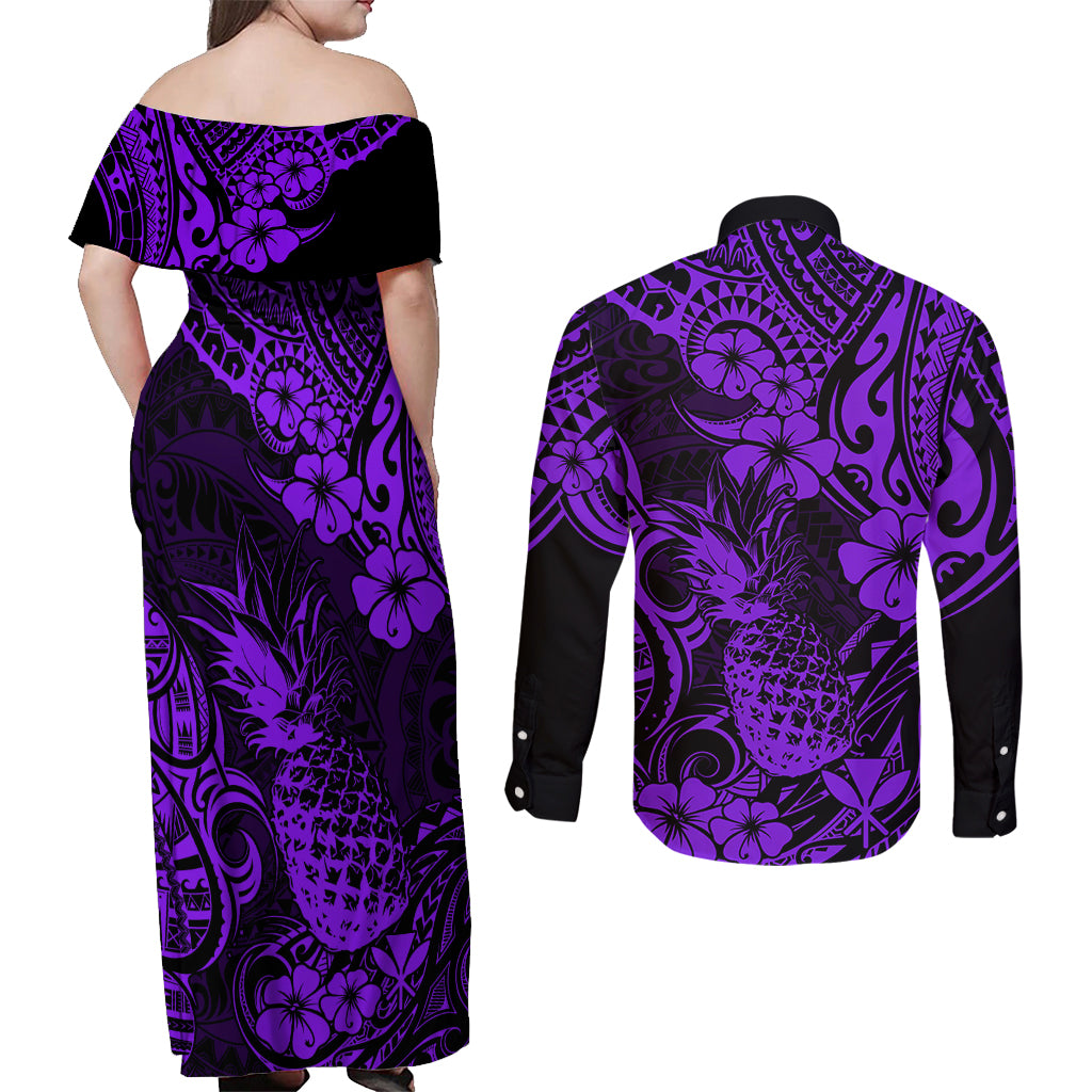 Hawaii Pineapple Couples Matching Off Shoulder Maxi Dress and Long Sleeve Button Shirts Polynesian Pattern Purple Version - Wonder Print Shop