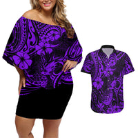 Hawaii Pineapple Couples Matching Off Shoulder Short Dress and Hawaiian Shirt Polynesian Pattern Purple Version - Wonder Print Shop