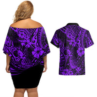 Hawaii Pineapple Couples Matching Off Shoulder Short Dress and Hawaiian Shirt Polynesian Pattern Purple Version - Wonder Print Shop