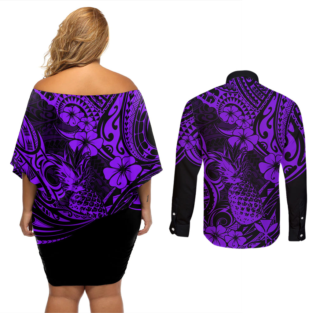 Hawaii Pineapple Couples Matching Off Shoulder Short Dress and Long Sleeve Button Shirts Polynesian Pattern Purple Version - Wonder Print Shop