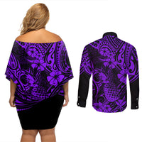 Hawaii Pineapple Couples Matching Off Shoulder Short Dress and Long Sleeve Button Shirts Polynesian Pattern Purple Version - Wonder Print Shop