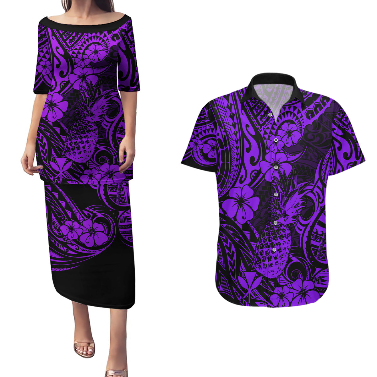 Hawaii Pineapple Couples Matching Puletasi Dress and Hawaiian Shirt Polynesian Pattern Purple Version - Wonder Print Shop
