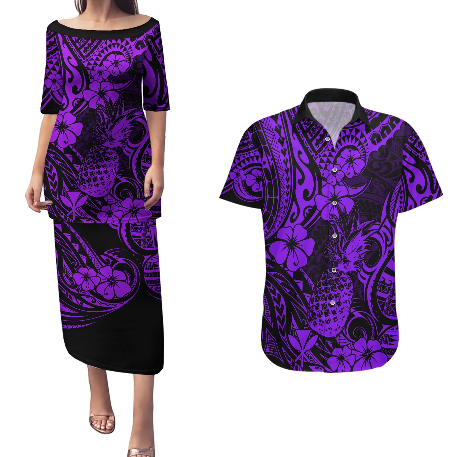 Hawaii Pineapple Couples Matching Puletasi Dress and Hawaiian Shirt Polynesian Pattern Purple Version - Wonder Print Shop