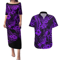 Hawaii Pineapple Couples Matching Puletasi Dress and Hawaiian Shirt Polynesian Pattern Purple Version - Wonder Print Shop