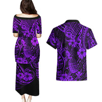 Hawaii Pineapple Couples Matching Puletasi Dress and Hawaiian Shirt Polynesian Pattern Purple Version - Wonder Print Shop