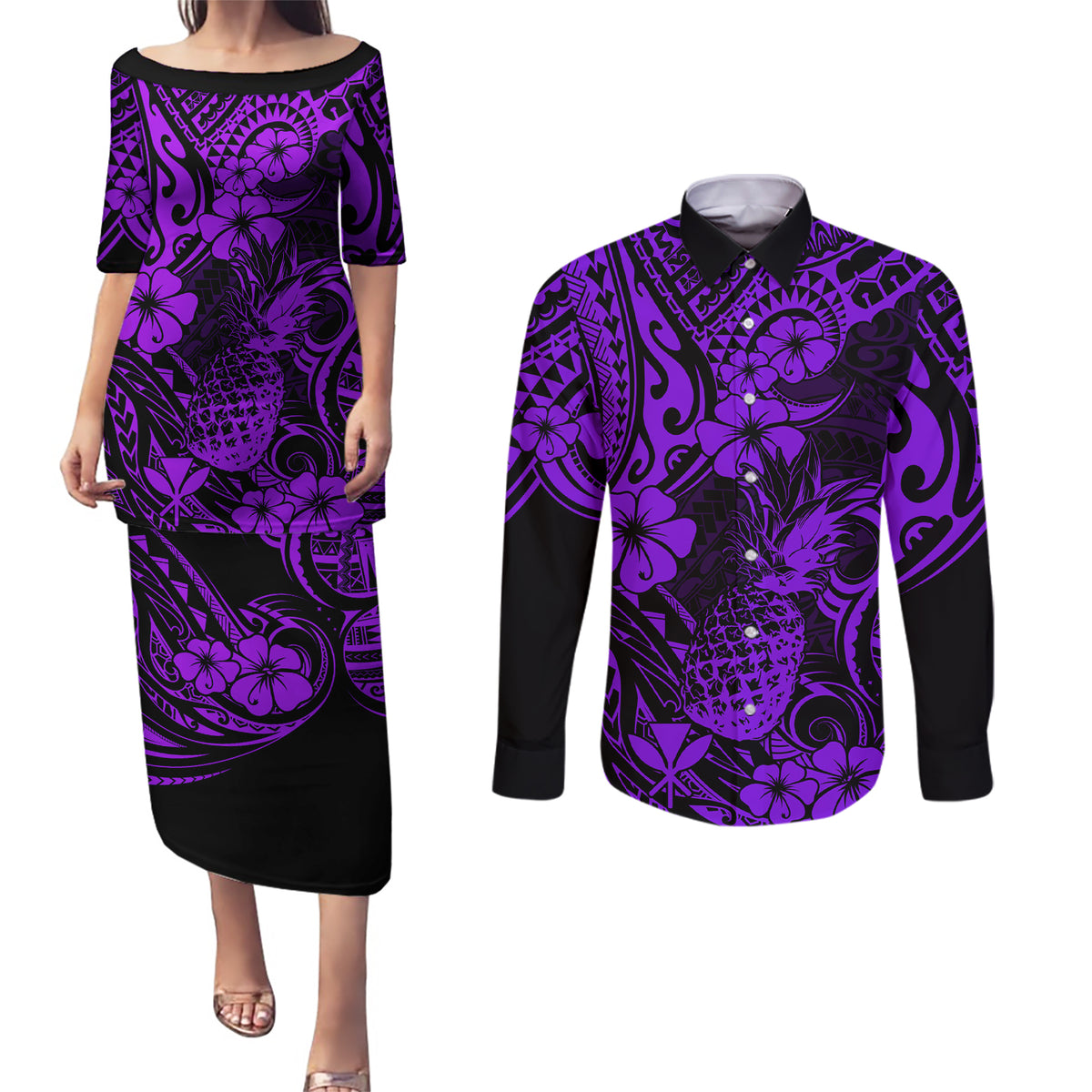 Hawaii Pineapple Couples Matching Puletasi Dress and Long Sleeve Button Shirts Polynesian Pattern Purple Version - Wonder Print Shop