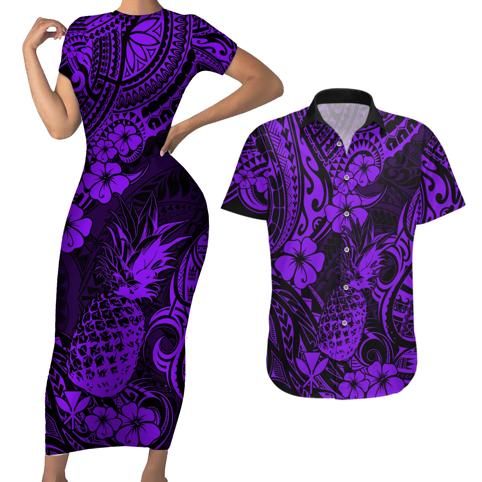 Hawaii Pineapple Couples Matching Short Sleeve Bodycon Dress and Hawaiian Shirt Polynesian Pattern Purple Version - Wonder Print Shop