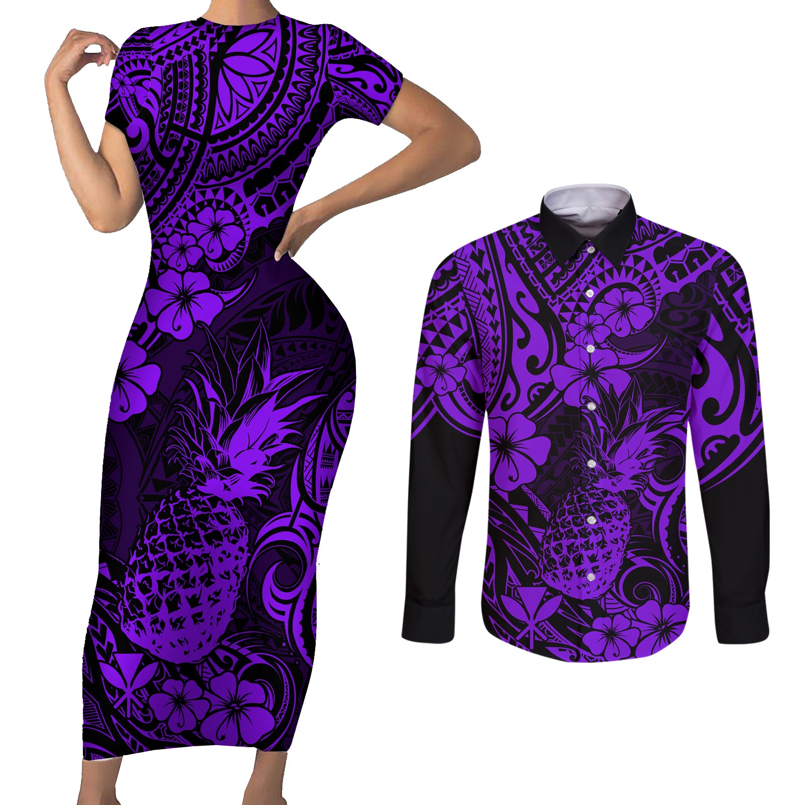 Hawaii Pineapple Couples Matching Short Sleeve Bodycon Dress and Long Sleeve Button Shirts Polynesian Pattern Purple Version - Wonder Print Shop