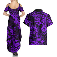 Hawaii Pineapple Couples Matching Summer Maxi Dress and Hawaiian Shirt Polynesian Pattern Purple Version - Wonder Print Shop