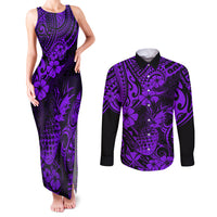 Hawaii Pineapple Couples Matching Tank Maxi Dress and Long Sleeve Button Shirts Polynesian Pattern Purple Version - Wonder Print Shop