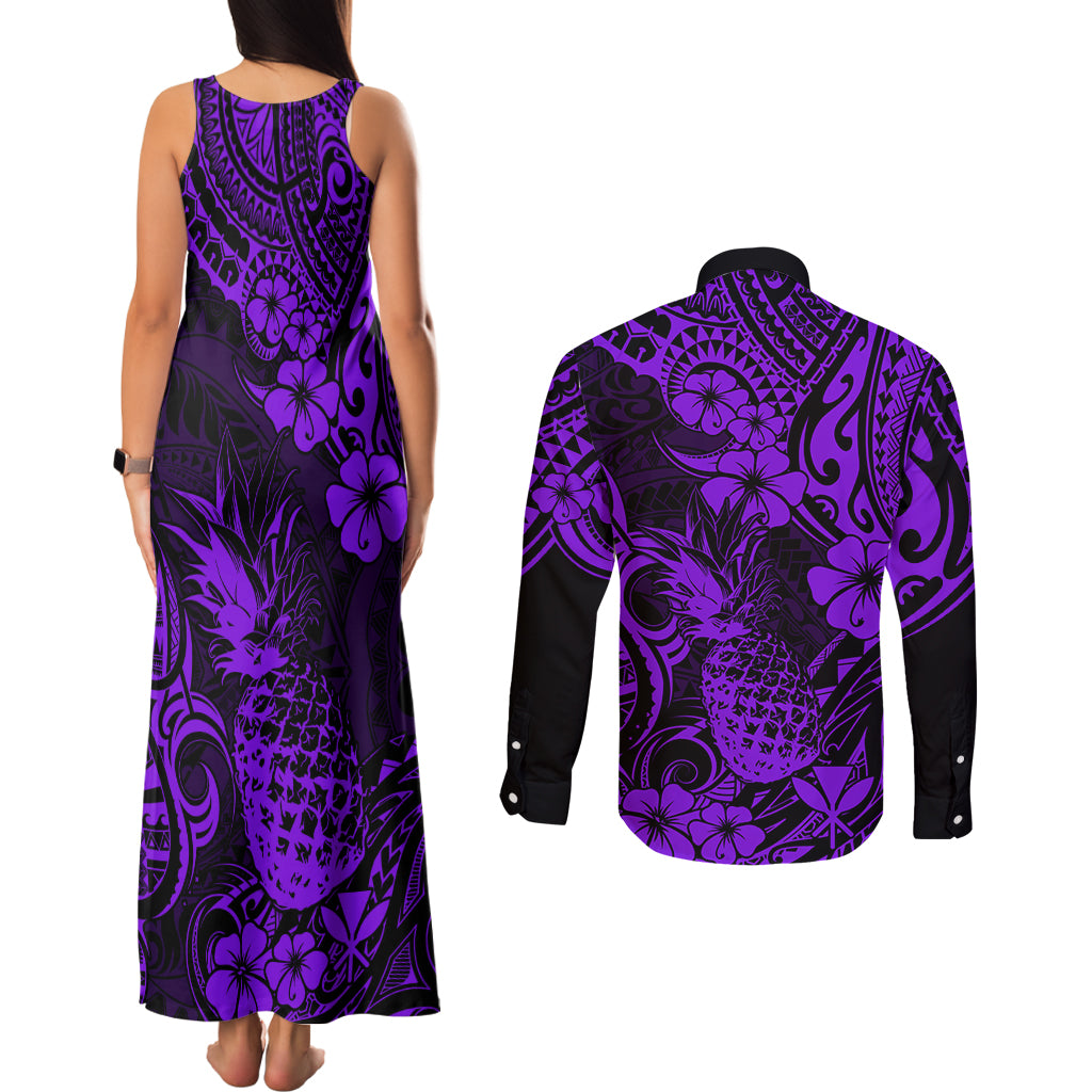 Hawaii Pineapple Couples Matching Tank Maxi Dress and Long Sleeve Button Shirts Polynesian Pattern Purple Version - Wonder Print Shop