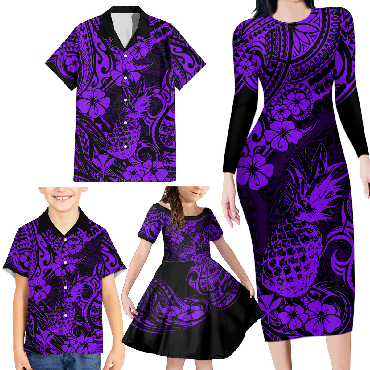 Hawaii Pineapple Family Matching Long Sleeve Bodycon Dress and Hawaiian Shirt Polynesian Pattern Purple Version - Wonder Print Shop
