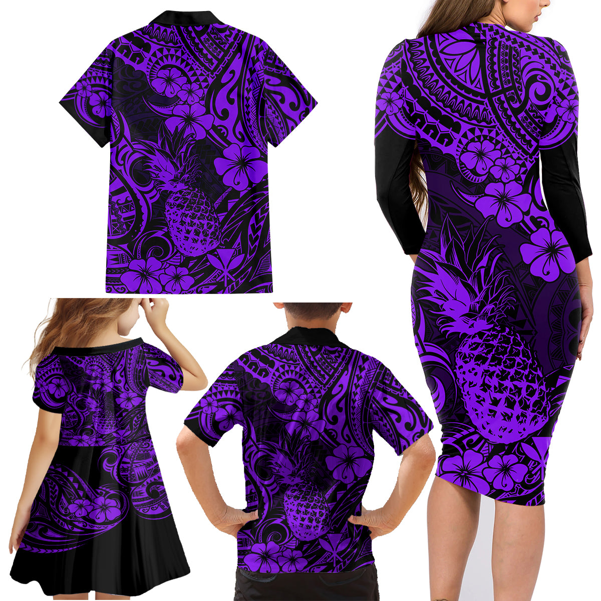 Hawaii Pineapple Family Matching Long Sleeve Bodycon Dress and Hawaiian Shirt Polynesian Pattern Purple Version - Wonder Print Shop