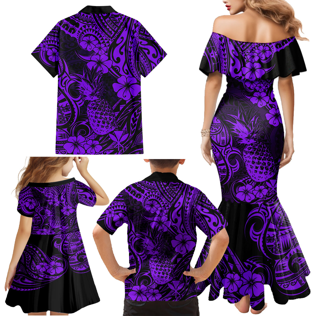 Hawaii Pineapple Family Matching Mermaid Dress and Hawaiian Shirt Polynesian Pattern Purple Version - Wonder Print Shop