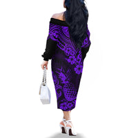 Hawaii Pineapple Family Matching Off Shoulder Long Sleeve Dress and Hawaiian Shirt Polynesian Pattern Purple Version - Wonder Print Shop