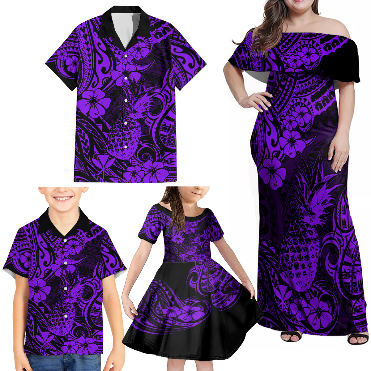 Hawaii Pineapple Family Matching Off Shoulder Maxi Dress and Hawaiian Shirt Polynesian Pattern Purple Version - Wonder Print Shop