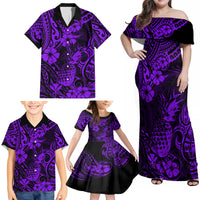 Hawaii Pineapple Family Matching Off Shoulder Maxi Dress and Hawaiian Shirt Polynesian Pattern Purple Version - Wonder Print Shop