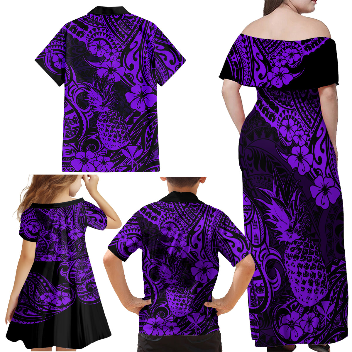 Hawaii Pineapple Family Matching Off Shoulder Maxi Dress and Hawaiian Shirt Polynesian Pattern Purple Version - Wonder Print Shop