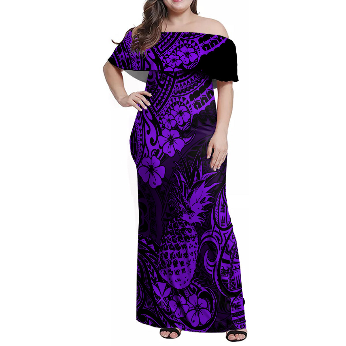 Hawaii Pineapple Family Matching Off Shoulder Maxi Dress and Hawaiian Shirt Polynesian Pattern Purple Version - Wonder Print Shop