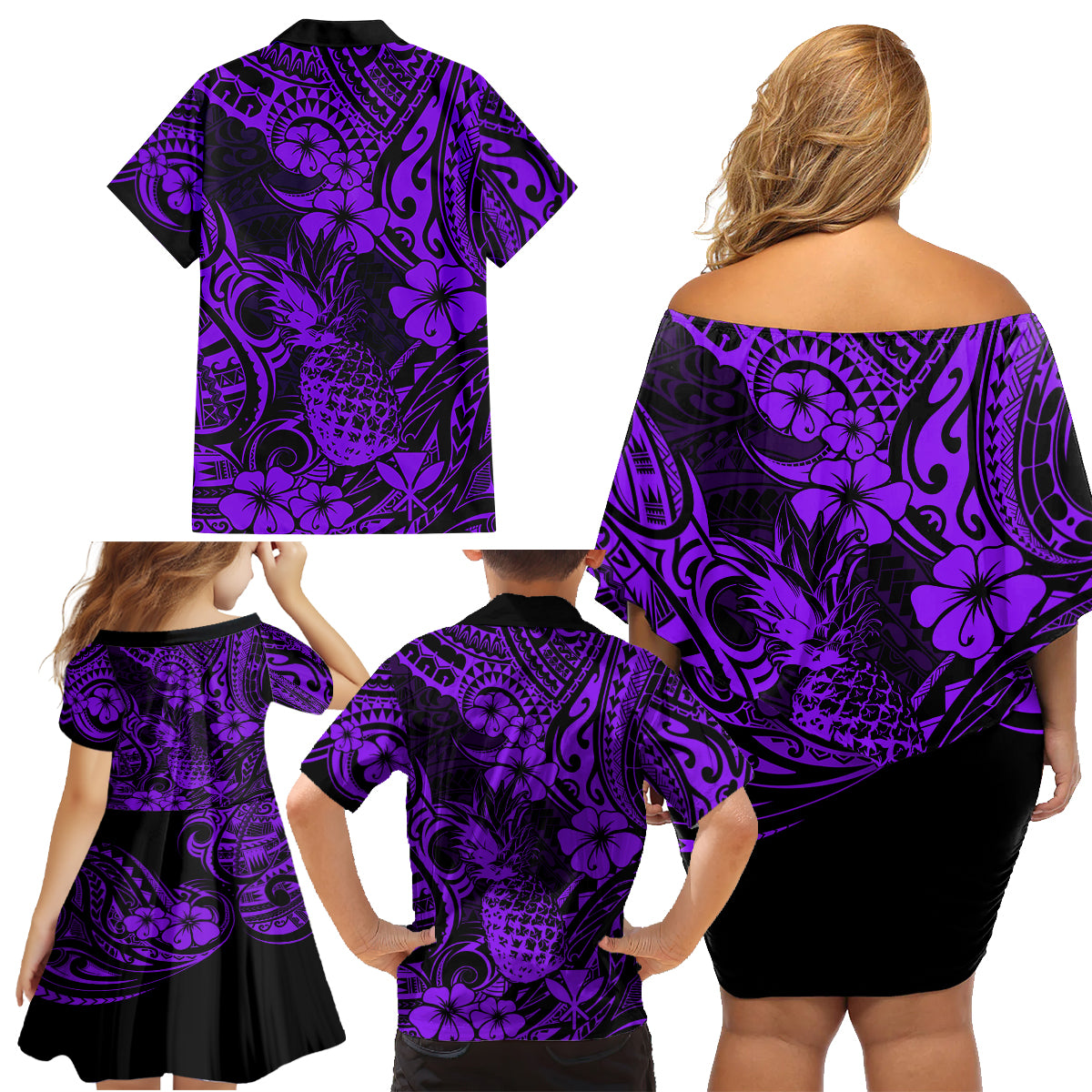 Hawaii Pineapple Family Matching Off Shoulder Short Dress and Hawaiian Shirt Polynesian Pattern Purple Version - Wonder Print Shop