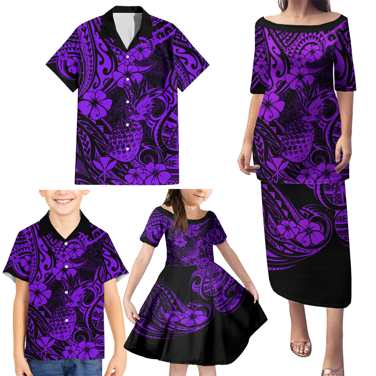 Hawaii Pineapple Family Matching Puletasi Dress and Hawaiian Shirt Polynesian Pattern Purple Version - Wonder Print Shop