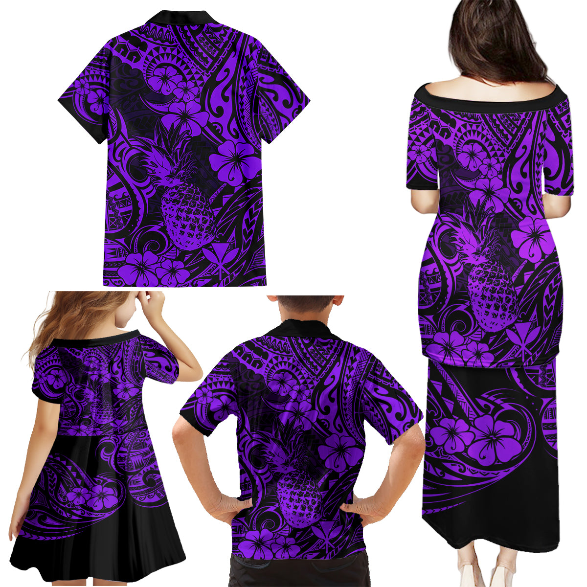 Hawaii Pineapple Family Matching Puletasi Dress and Hawaiian Shirt Polynesian Pattern Purple Version - Wonder Print Shop