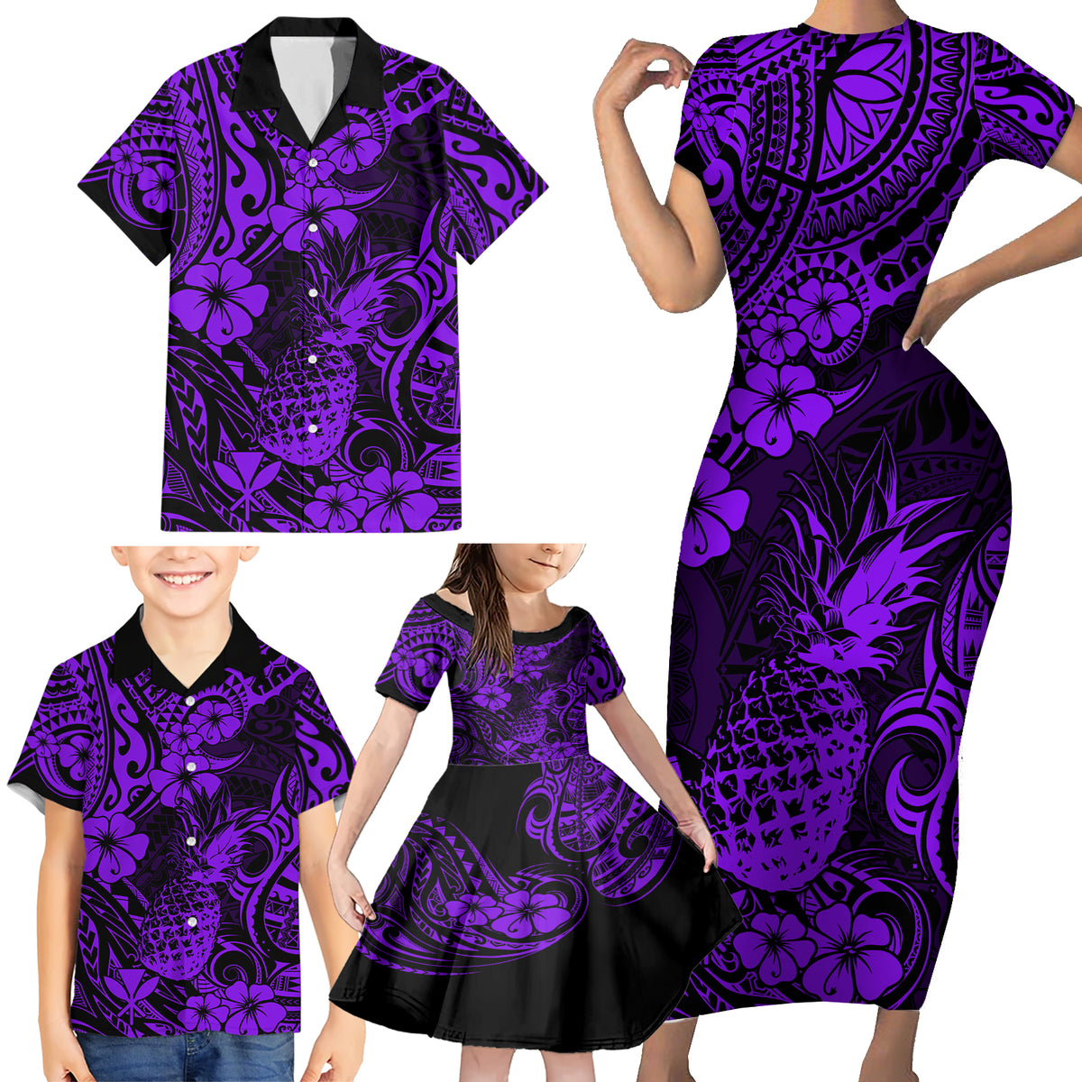 Hawaii Pineapple Family Matching Short Sleeve Bodycon Dress and Hawaiian Shirt Polynesian Pattern Purple Version - Wonder Print Shop