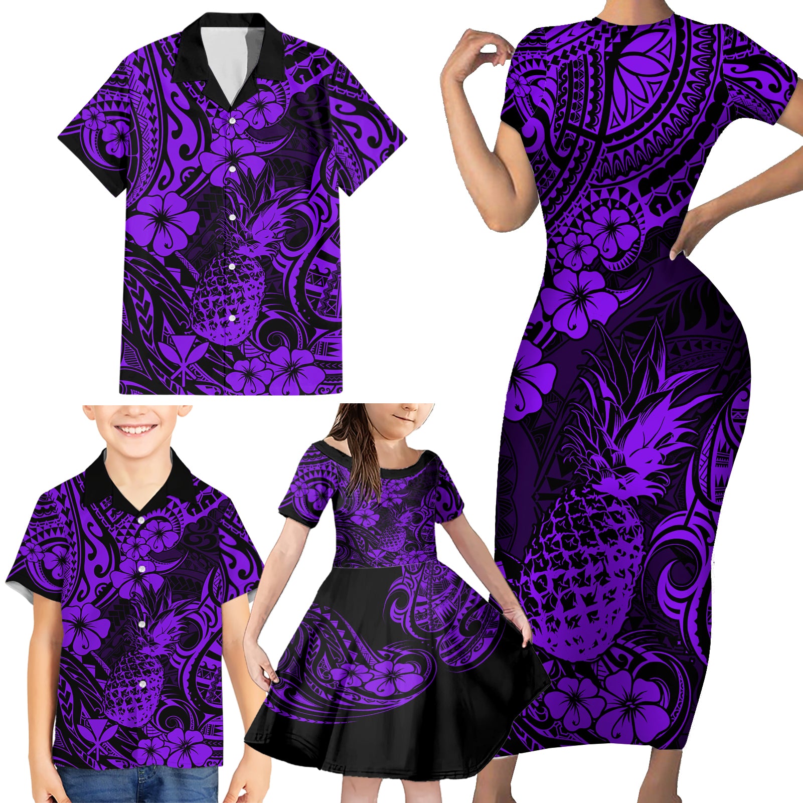 Hawaii Pineapple Family Matching Short Sleeve Bodycon Dress and Hawaiian Shirt Polynesian Pattern Purple Version - Wonder Print Shop