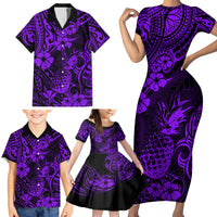 Hawaii Pineapple Family Matching Short Sleeve Bodycon Dress and Hawaiian Shirt Polynesian Pattern Purple Version - Wonder Print Shop