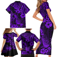 Hawaii Pineapple Family Matching Short Sleeve Bodycon Dress and Hawaiian Shirt Polynesian Pattern Purple Version - Wonder Print Shop