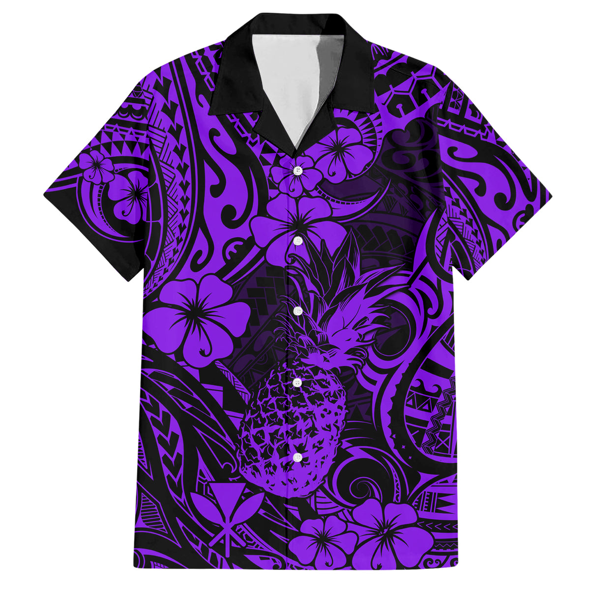 Hawaii Pineapple Family Matching Short Sleeve Bodycon Dress and Hawaiian Shirt Polynesian Pattern Purple Version - Wonder Print Shop