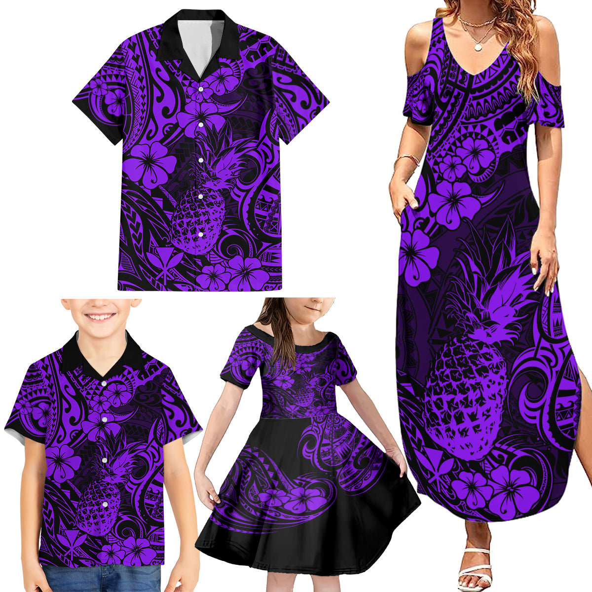 Hawaii Pineapple Family Matching Summer Maxi Dress and Hawaiian Shirt Polynesian Pattern Purple Version - Wonder Print Shop