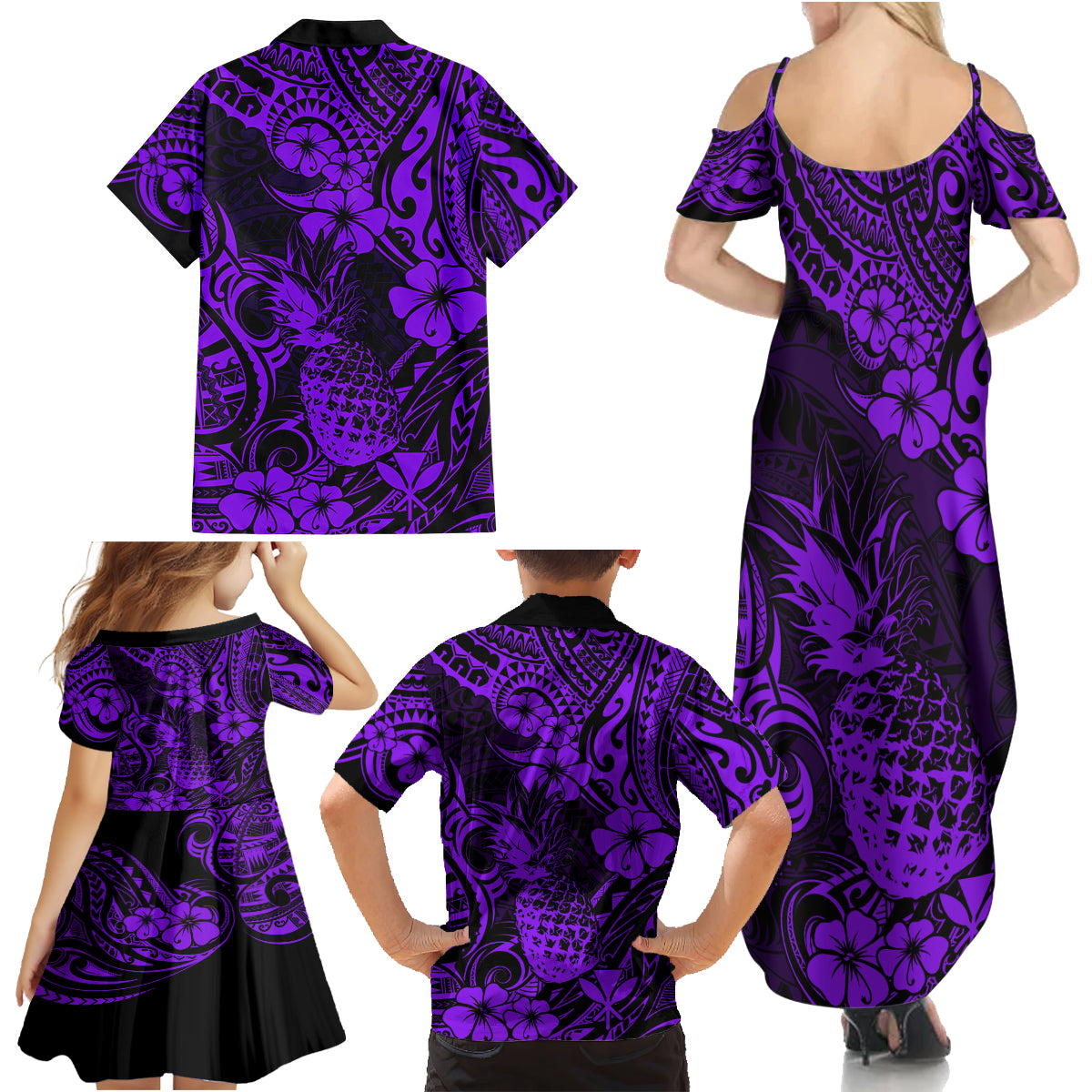 Hawaii Pineapple Family Matching Summer Maxi Dress and Hawaiian Shirt Polynesian Pattern Purple Version - Wonder Print Shop