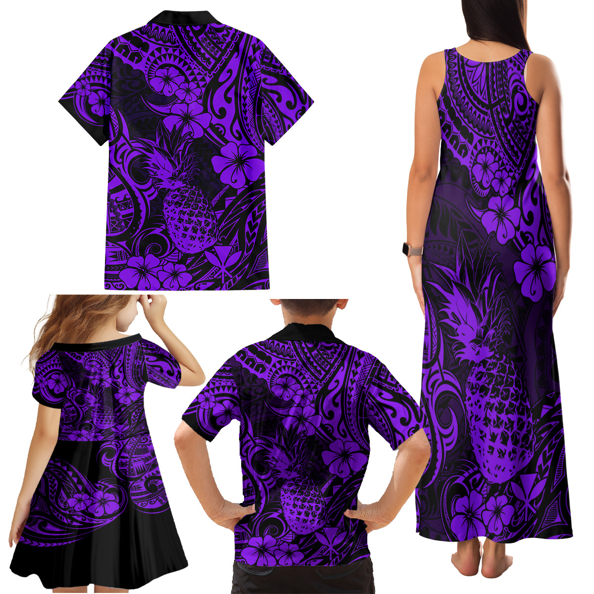 Hawaii Pineapple Family Matching Tank Maxi Dress and Hawaiian Shirt Polynesian Pattern Purple Version - Wonder Print Shop