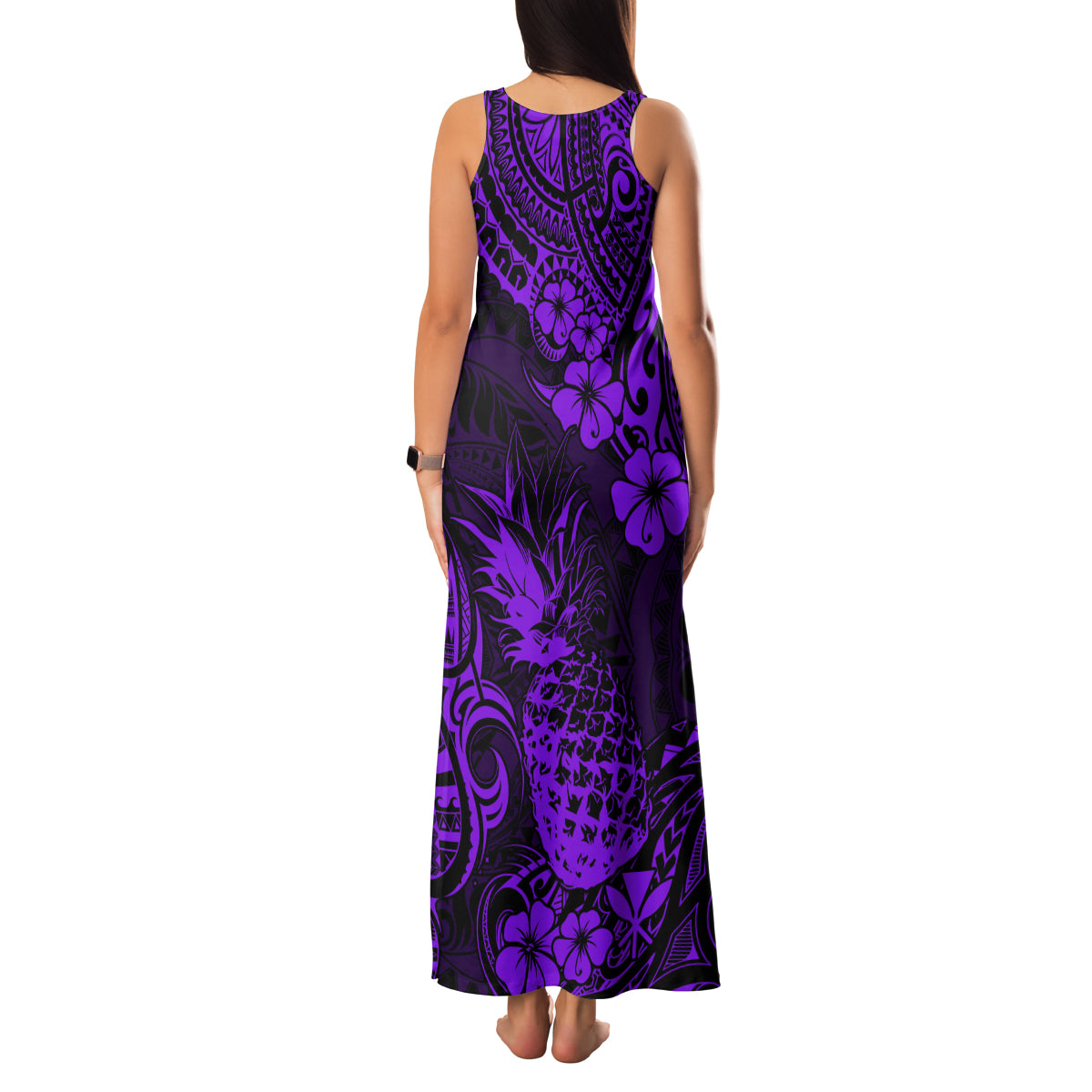 Hawaii Pineapple Family Matching Tank Maxi Dress and Hawaiian Shirt Polynesian Pattern Purple Version - Wonder Print Shop