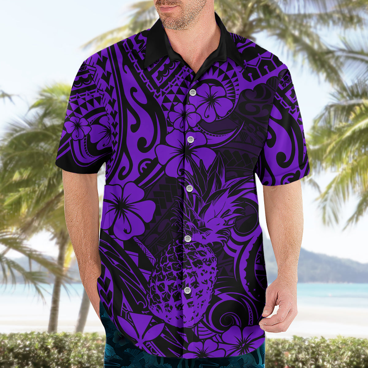 Hawaii Pineapple Hawaiian Shirt Polynesian Pattern Purple Version - Wonder Print Shop