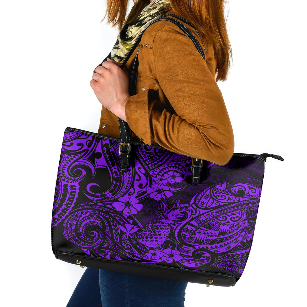 Hawaii Pineapple Leather Tote Bag Polynesian Pattern Purple Version - Wonder Print Shop