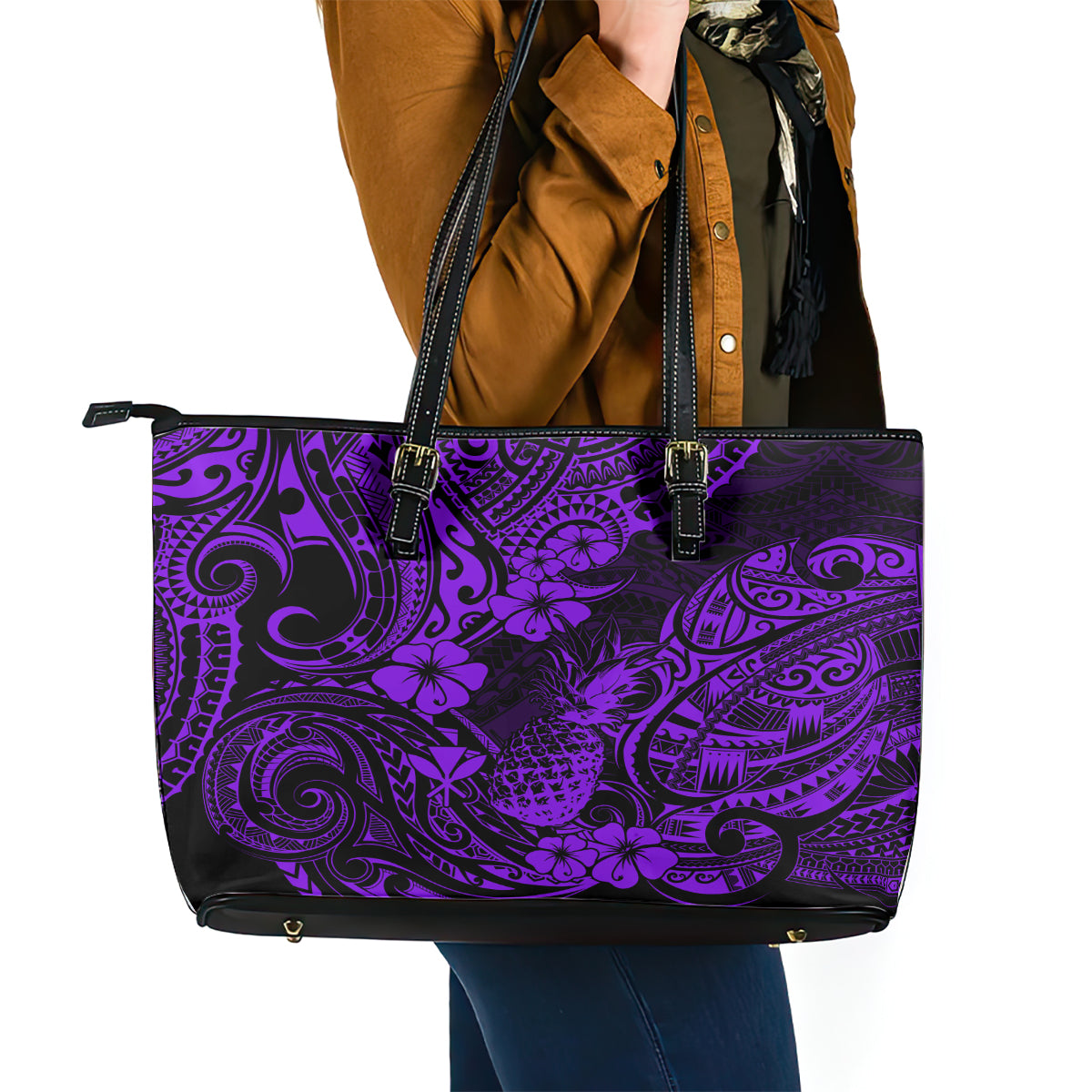 Hawaii Pineapple Leather Tote Bag Polynesian Pattern Purple Version - Wonder Print Shop