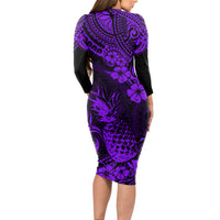 Hawaii Pineapple Long Sleeve Bodycon Dress Polynesian Pattern Purple Version - Wonder Print Shop
