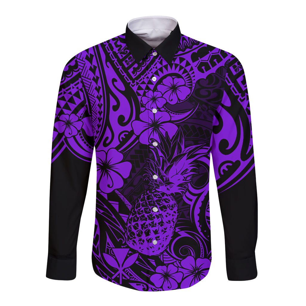 Hawaii Pineapple Long Sleeve Button Shirt Polynesian Pattern Purple Version - Wonder Print Shop