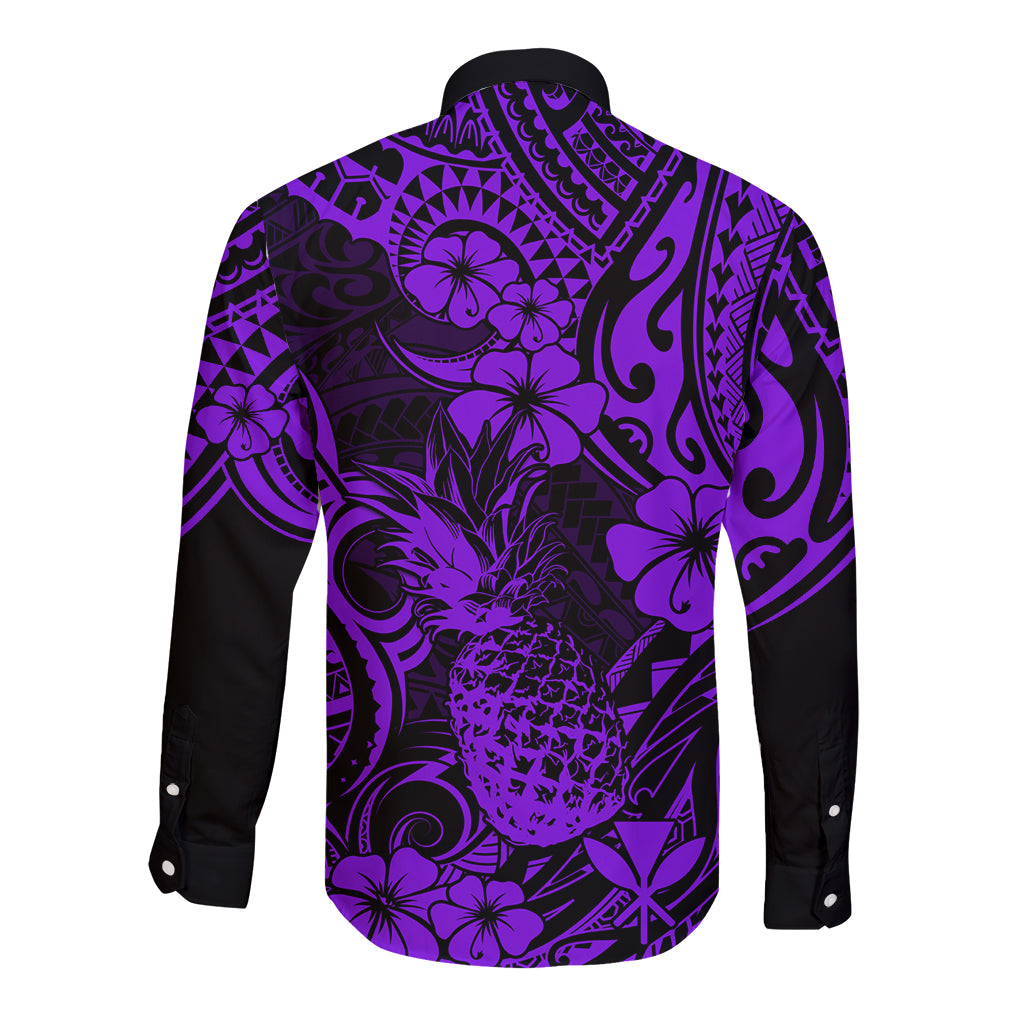 Hawaii Pineapple Long Sleeve Button Shirt Polynesian Pattern Purple Version - Wonder Print Shop