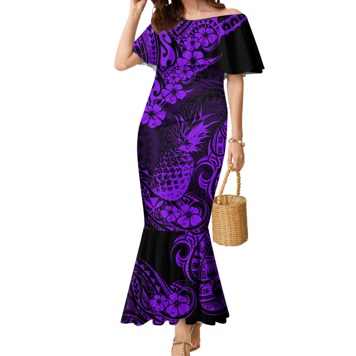 Hawaii Pineapple Mermaid Dress Polynesian Pattern Purple Version - Wonder Print Shop