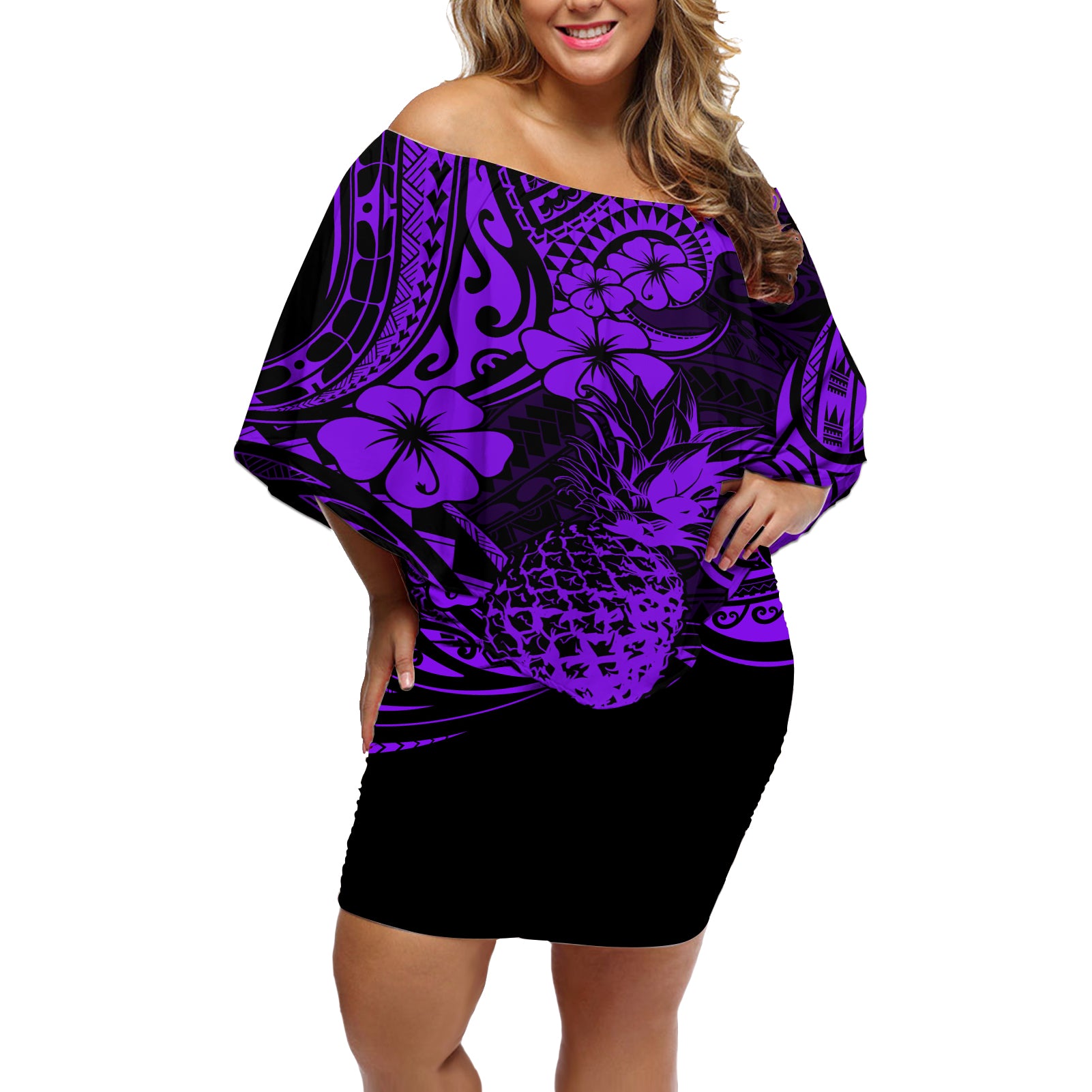 Hawaii Pineapple Off Shoulder Short Dress Polynesian Pattern Purple Version - Wonder Print Shop