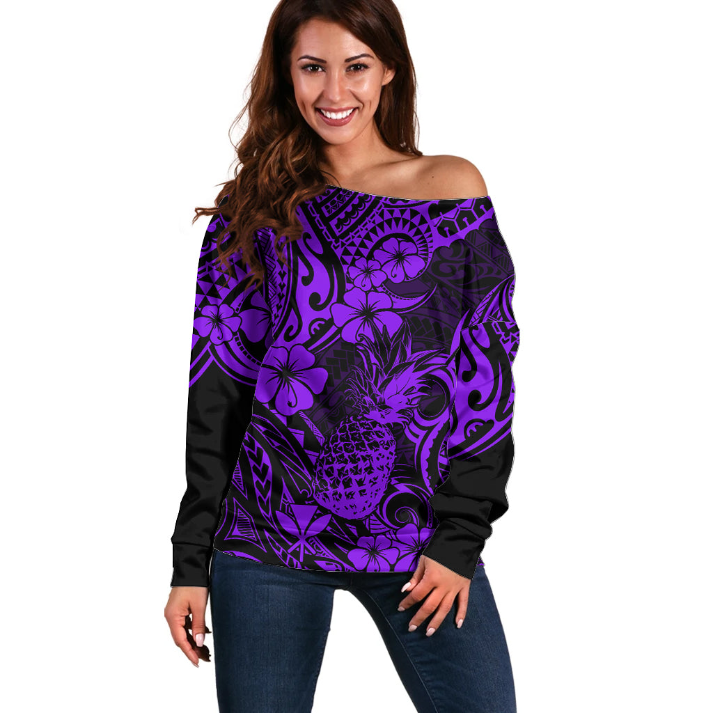 Hawaii Pineapple Off Shoulder Sweater Polynesian Pattern Purple Version - Wonder Print Shop