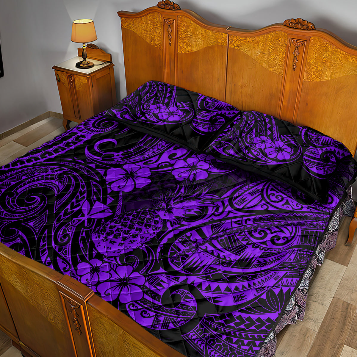 Hawaii Pineapple Quilt Bed Set Polynesian Pattern Purple Version - Wonder Print Shop